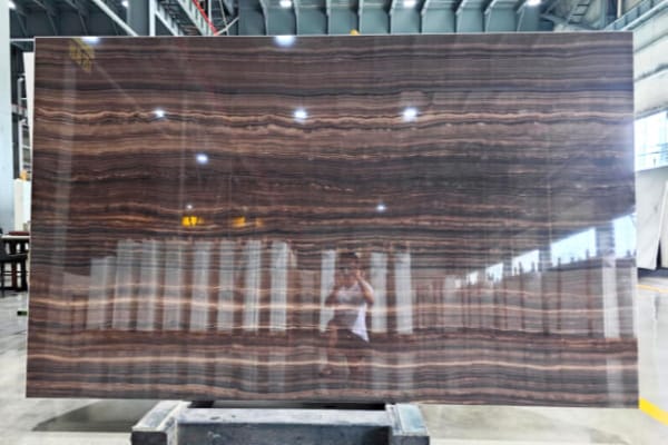 Brown Striped Nano Stone Slab – Luxury Polished Surface for Walls & Furniture