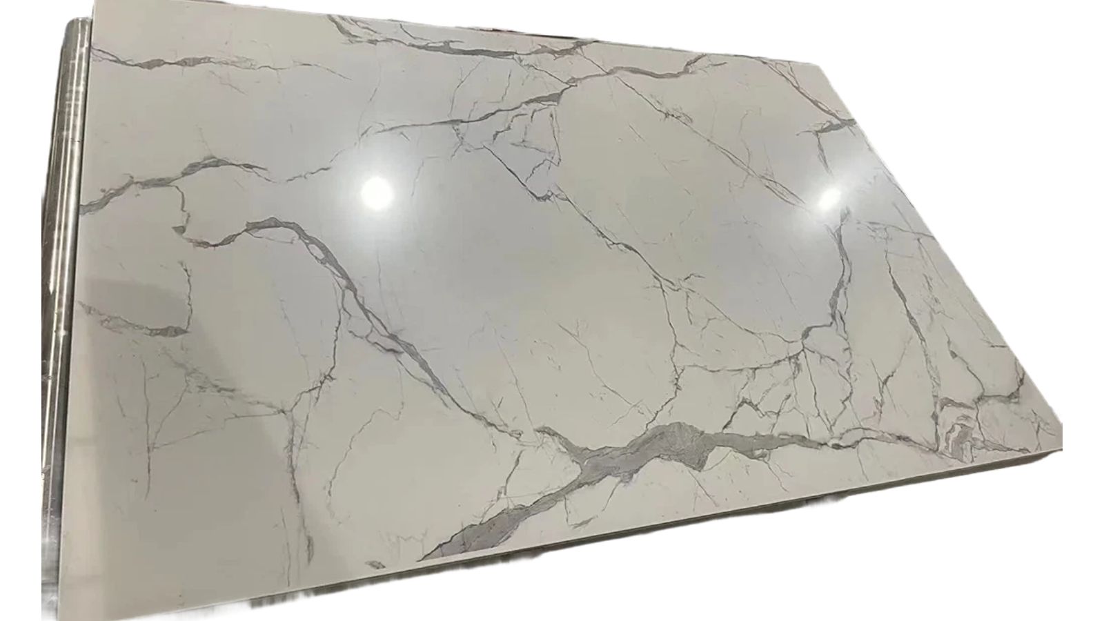 Artificial Calacatta Oro Marble Look Stone Slab – White with Grey & Gold Veins