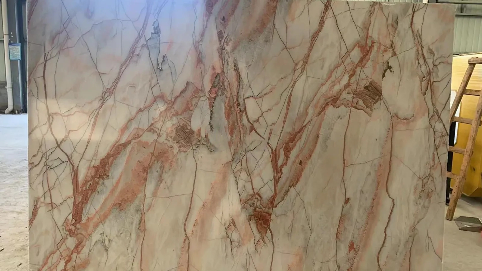 Exotic Red Vein Artificial Stone Slab – Beige Quartz with Crimson Marble Look