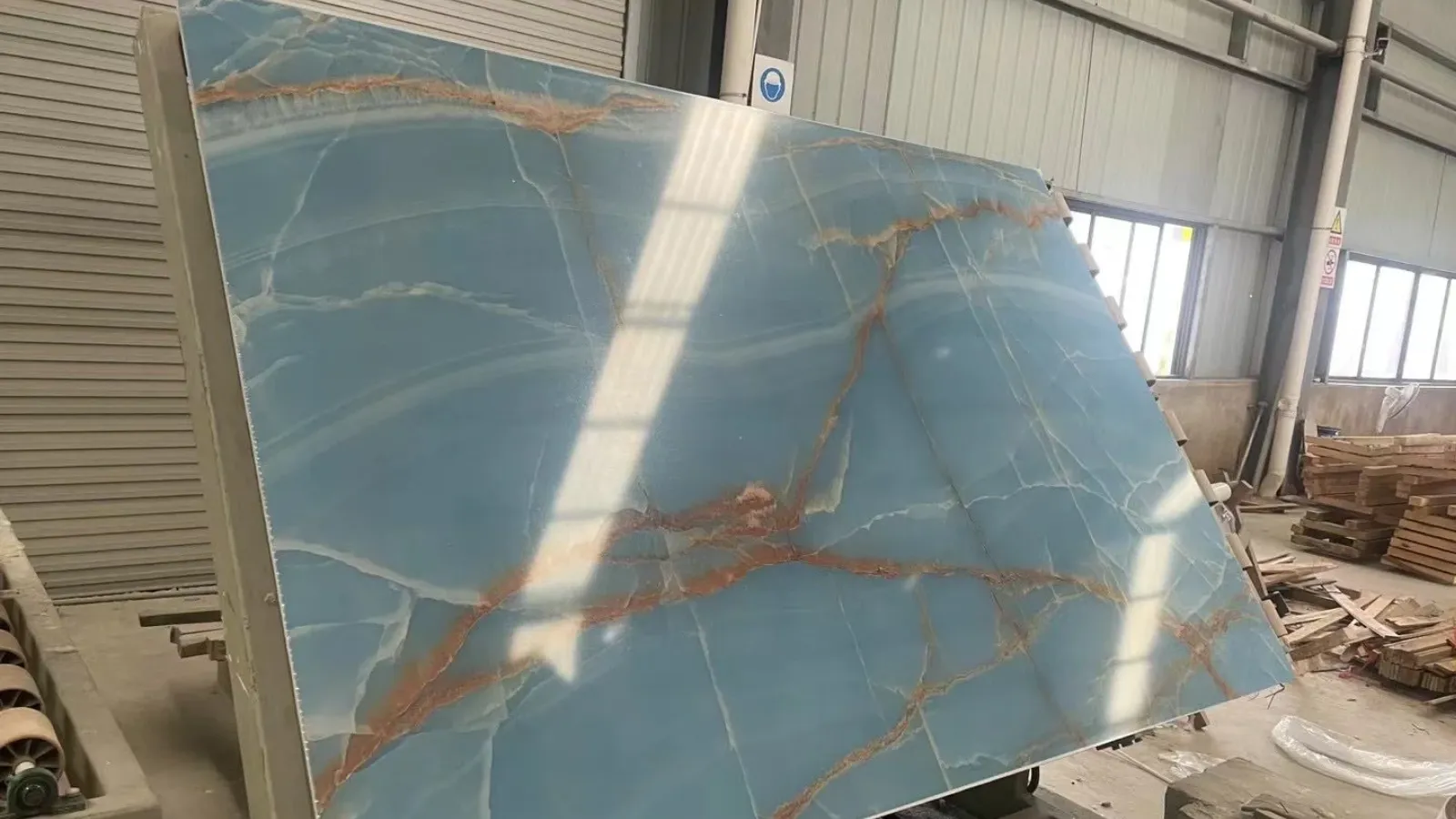 Artificial Blue Onyx Marble Look Stone Slab – Aqua Base with Golden Veins