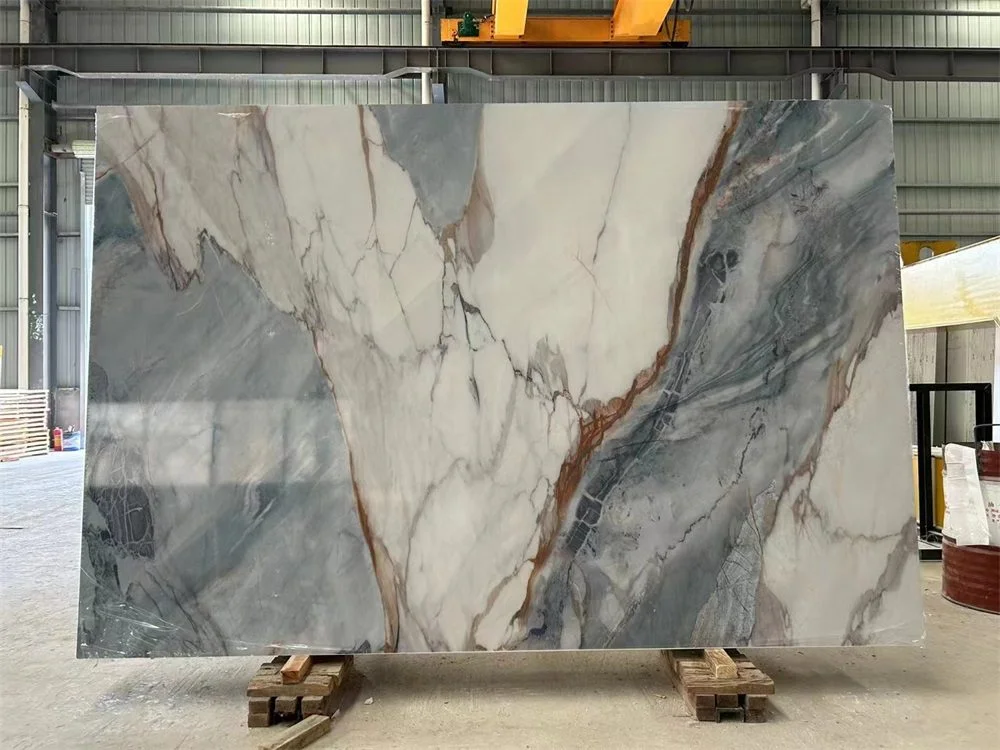 Artificial Marble Look Stone Slab – White with Blue-Grey and Golden Veins