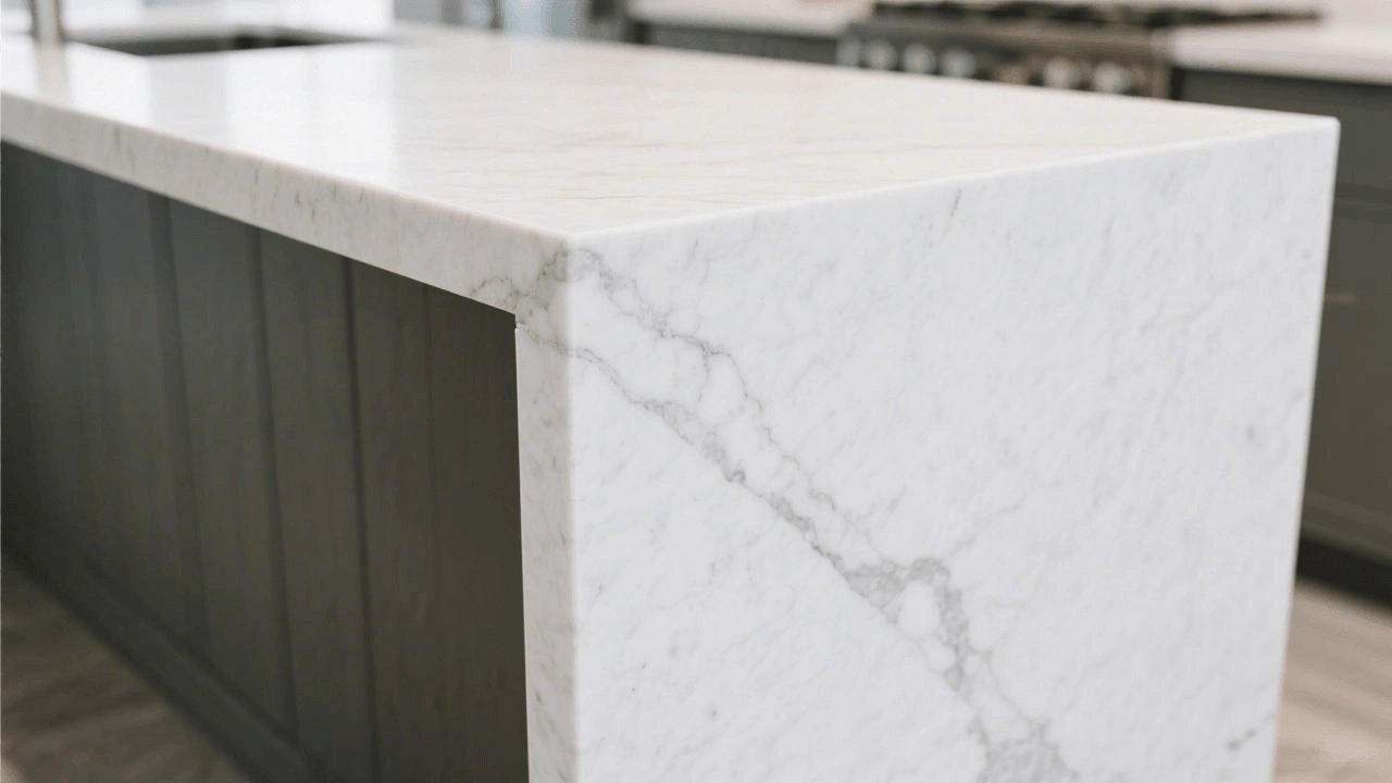 Close-up of a perfectly fabricated waterfall edge on a quartz kitchen island.