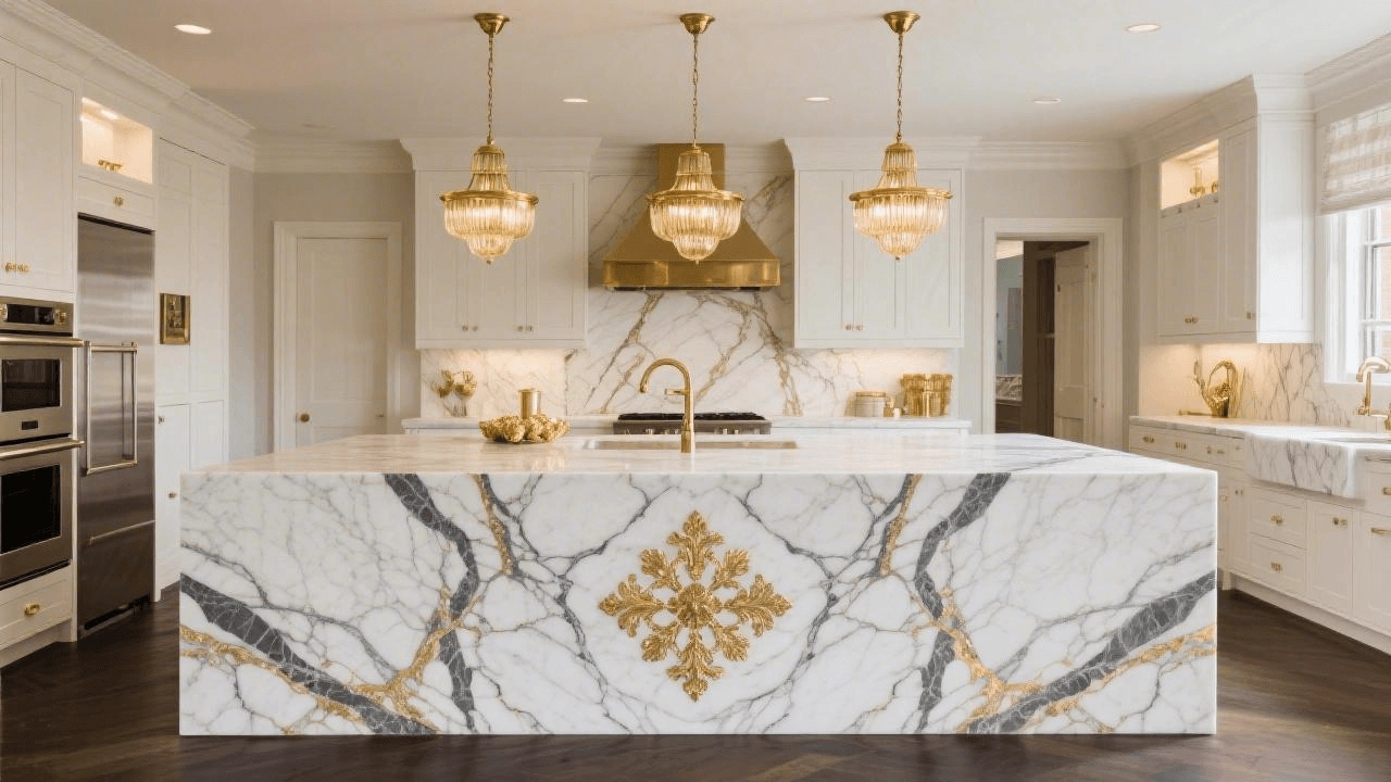 Classic luxury kitchen island featuring bookmatched marble-look quartz with gold veining.