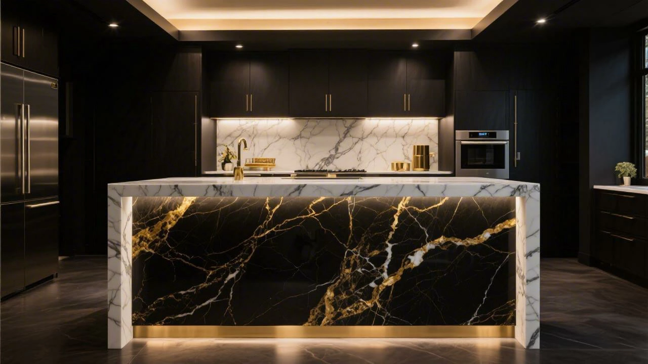 Dramatic marble-look quartz island showcasing bold surface design forecasts for 2025.