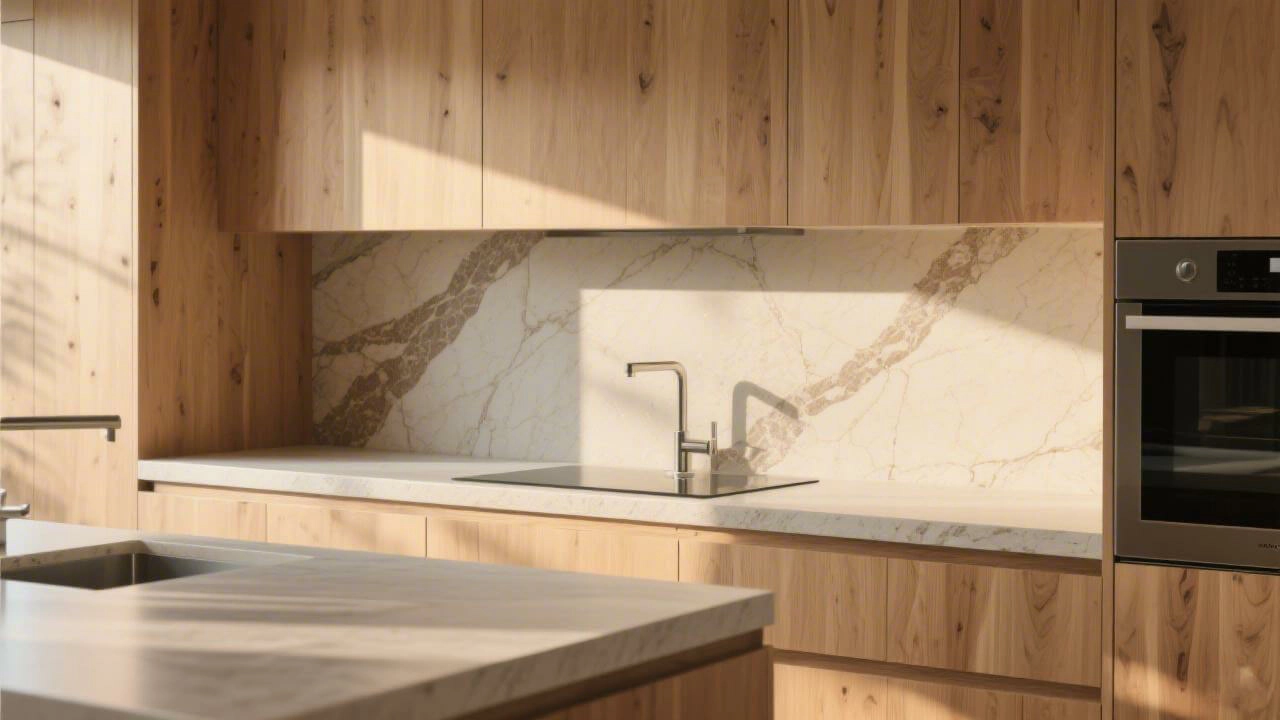 Modern kitchen featuring 2025 stone trends with earthy tones and warm neutral quartz countertops.